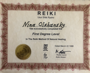 Nina Radarani Reiki 1 certification